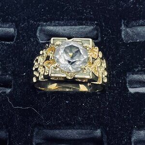 Vintage Gold Tone And Clear Rhinestone Men's Nugget Ring (R404)